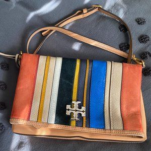 Tory Burch McGraw Balloon Stripe Leather Foldover Crossbody Bag, Multi